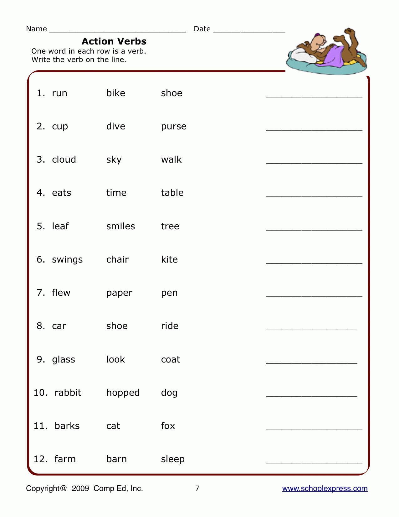 Verb Worksheets Kindergarten Free