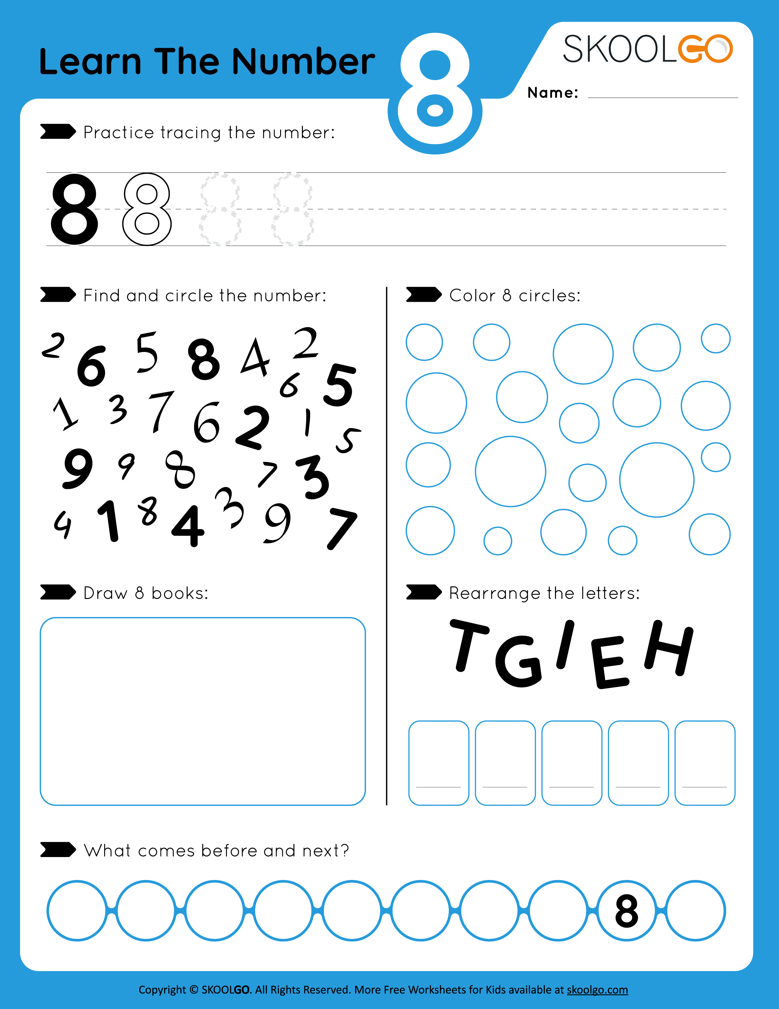 number 8 worksheet for kindergarten hard