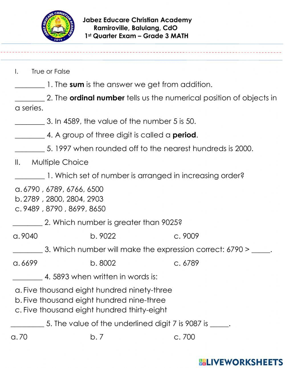 30 Grade 3 Math Worksheets Plus