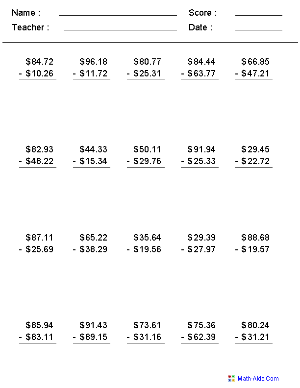 30 Math Worksheets For 4Th Grade Subtraction