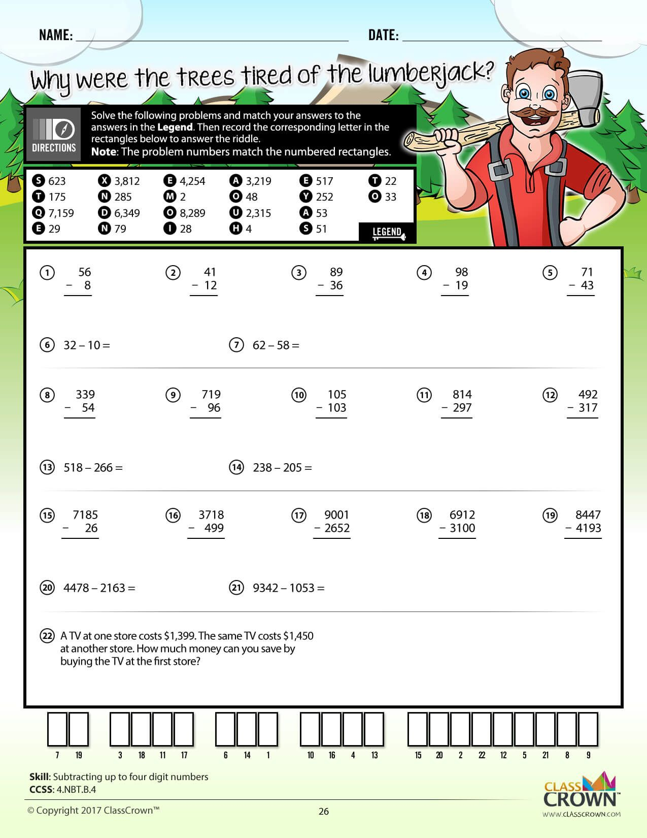 30 Math Worksheets For 4Th Grade Subtraction