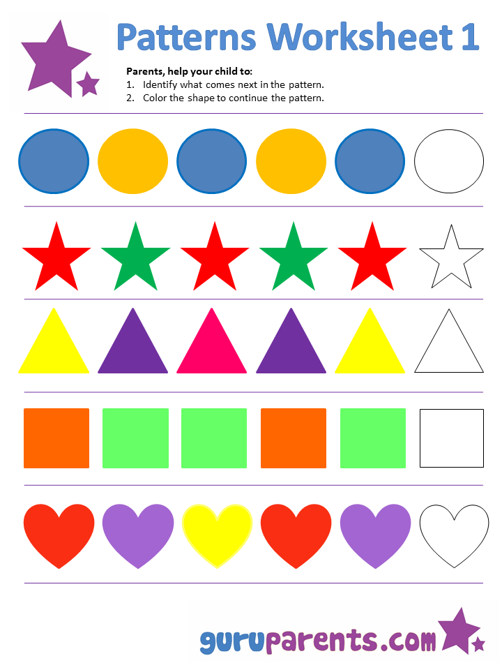 30 Shapes Pattern Worksheets For Kindergarten