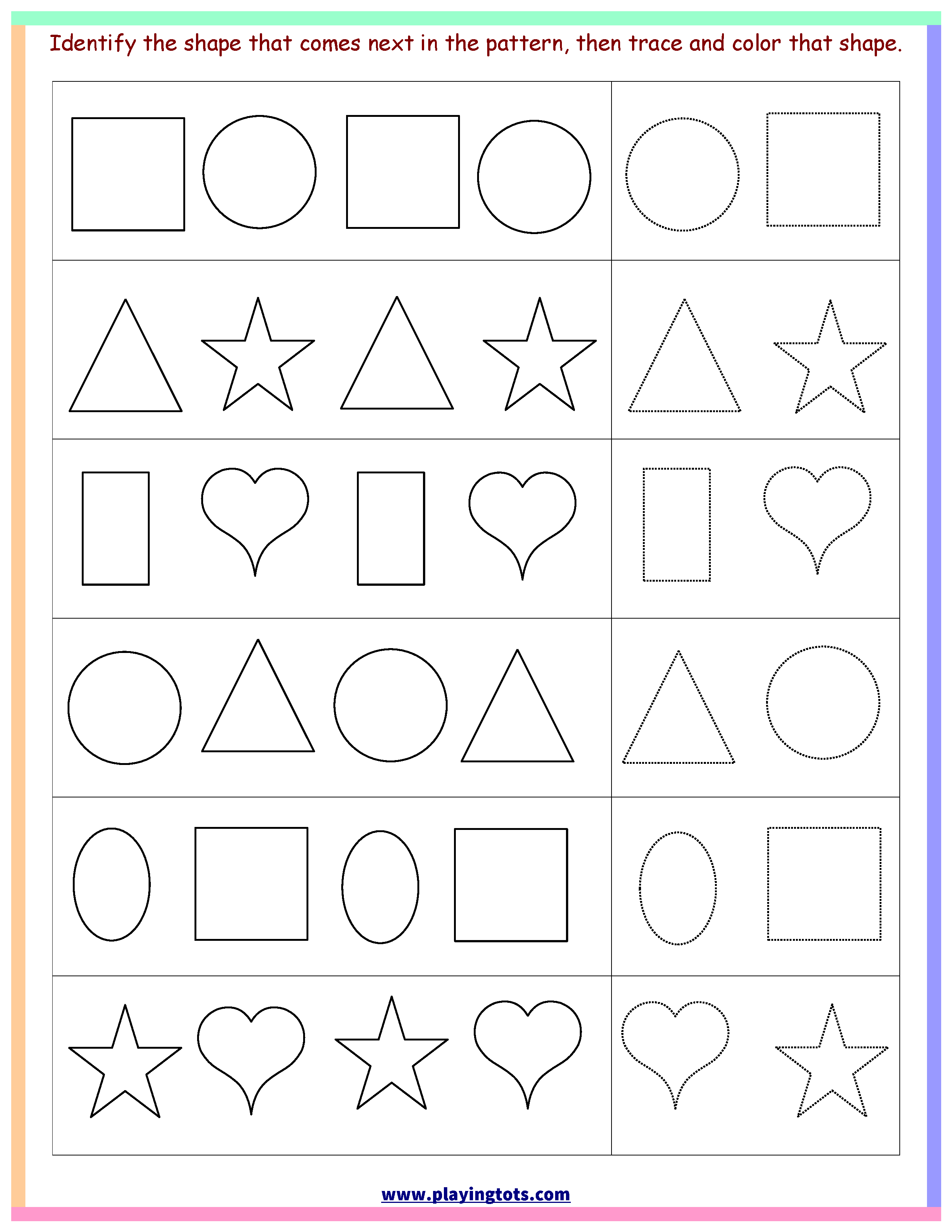 21 Shapes Pattern Worksheets For Kindergarten